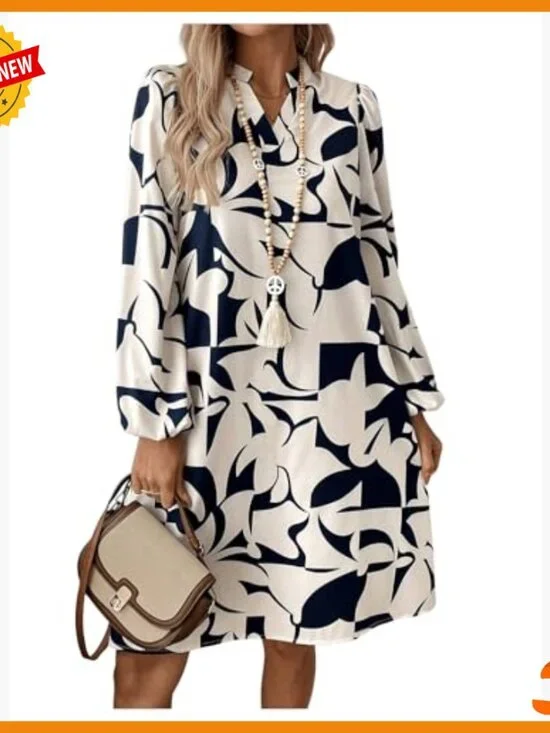 Geometric Print V-Neck Lantern Sleeve Casual Dress Polyester Long Sleeve - Picture 3 of 6